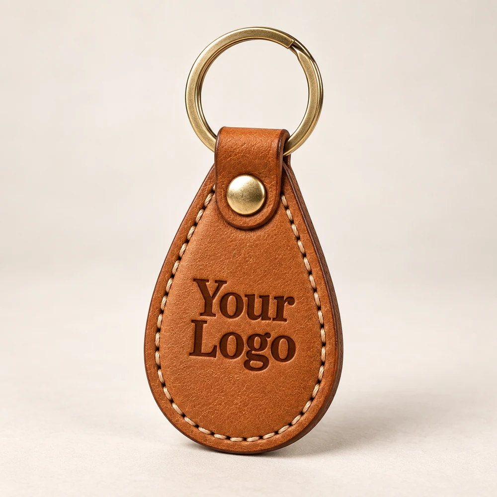 Classic Tan Teardrop Leather Keychain